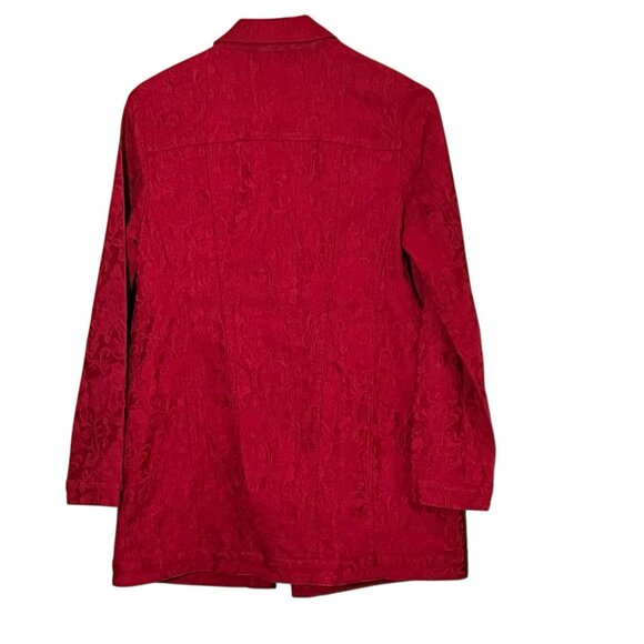 Chicos Size S Rich Red Elongated Jacquard Jean Jacket w/ Floral Imprint - Picture 6 of 9